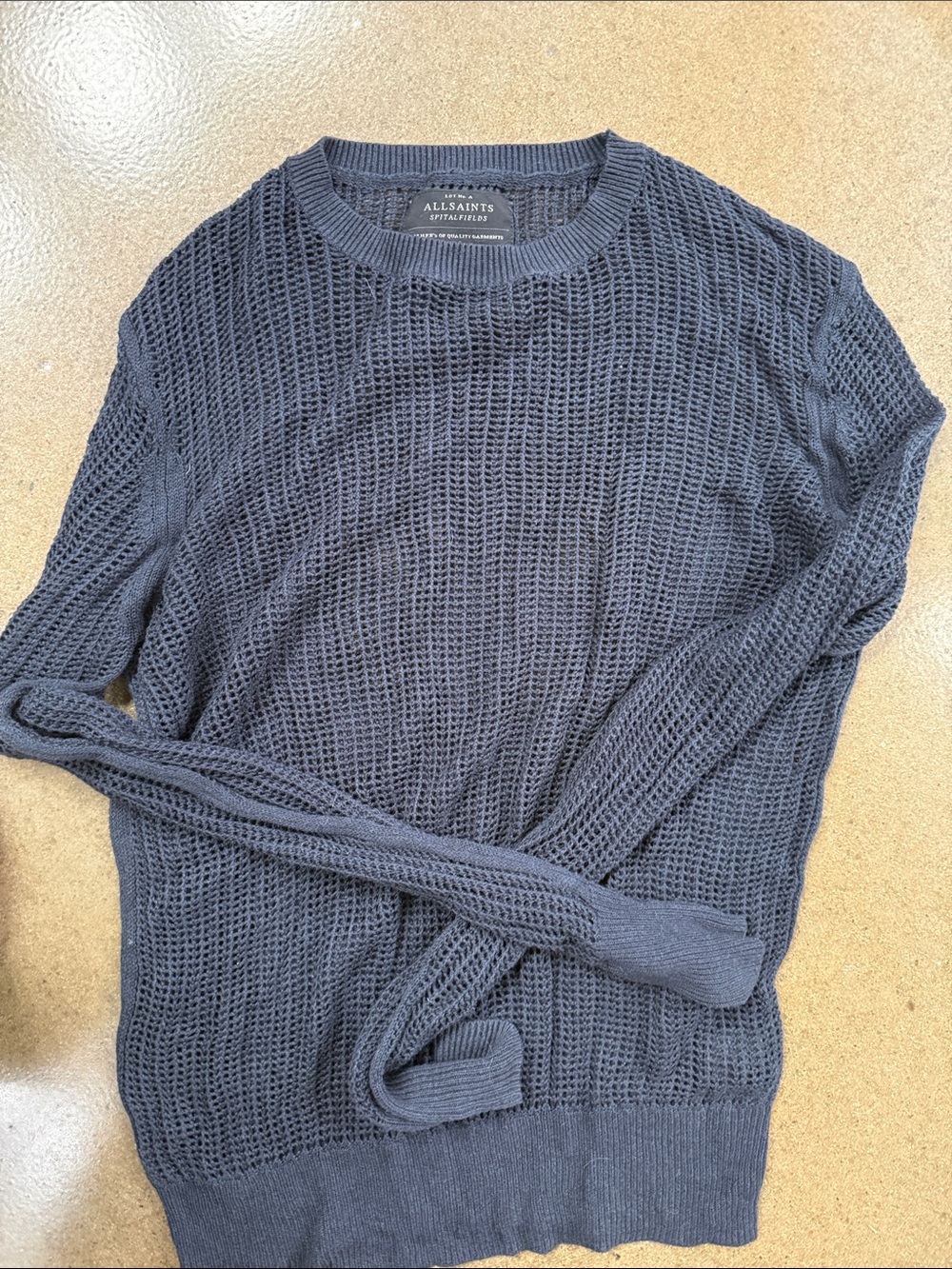 All Saints Men's Navy Open-Weave Crewneck Sweater